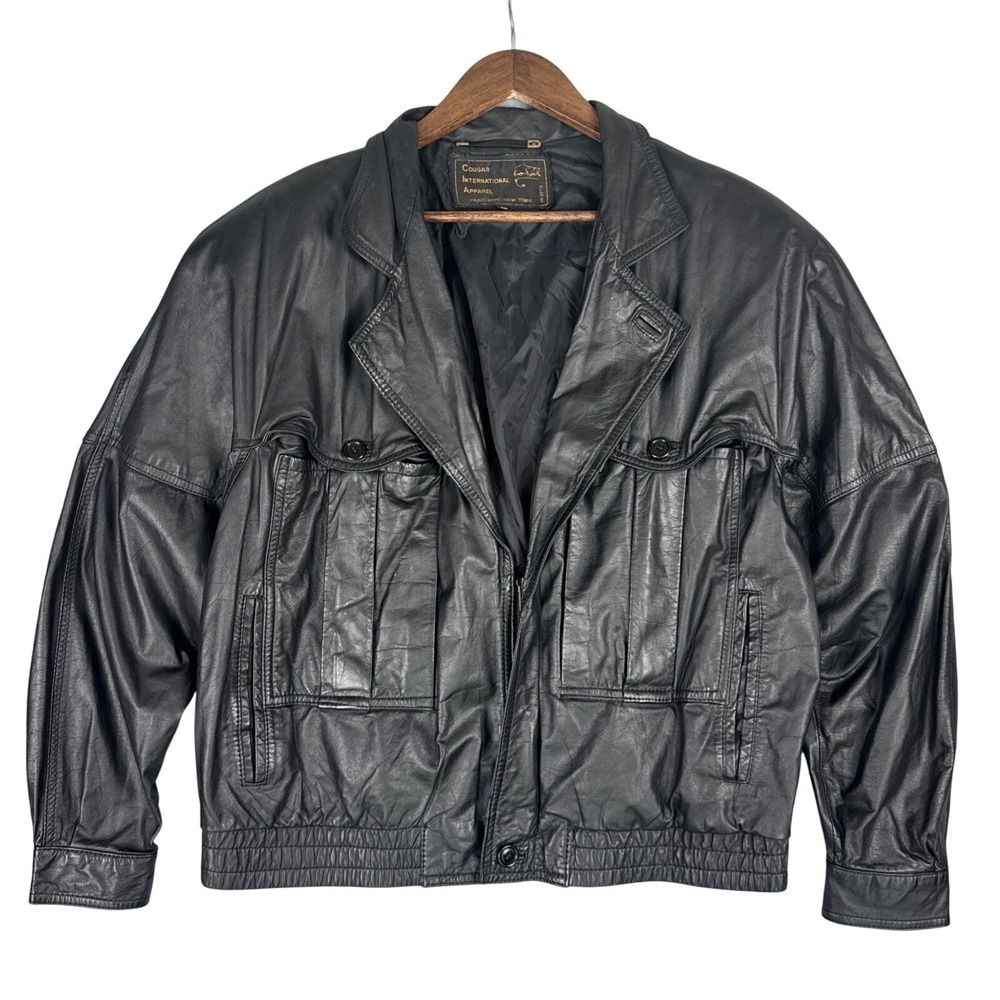 Vintage Cougar International Apparel Leather Jacket Men 42 Black Bomber Retro 80